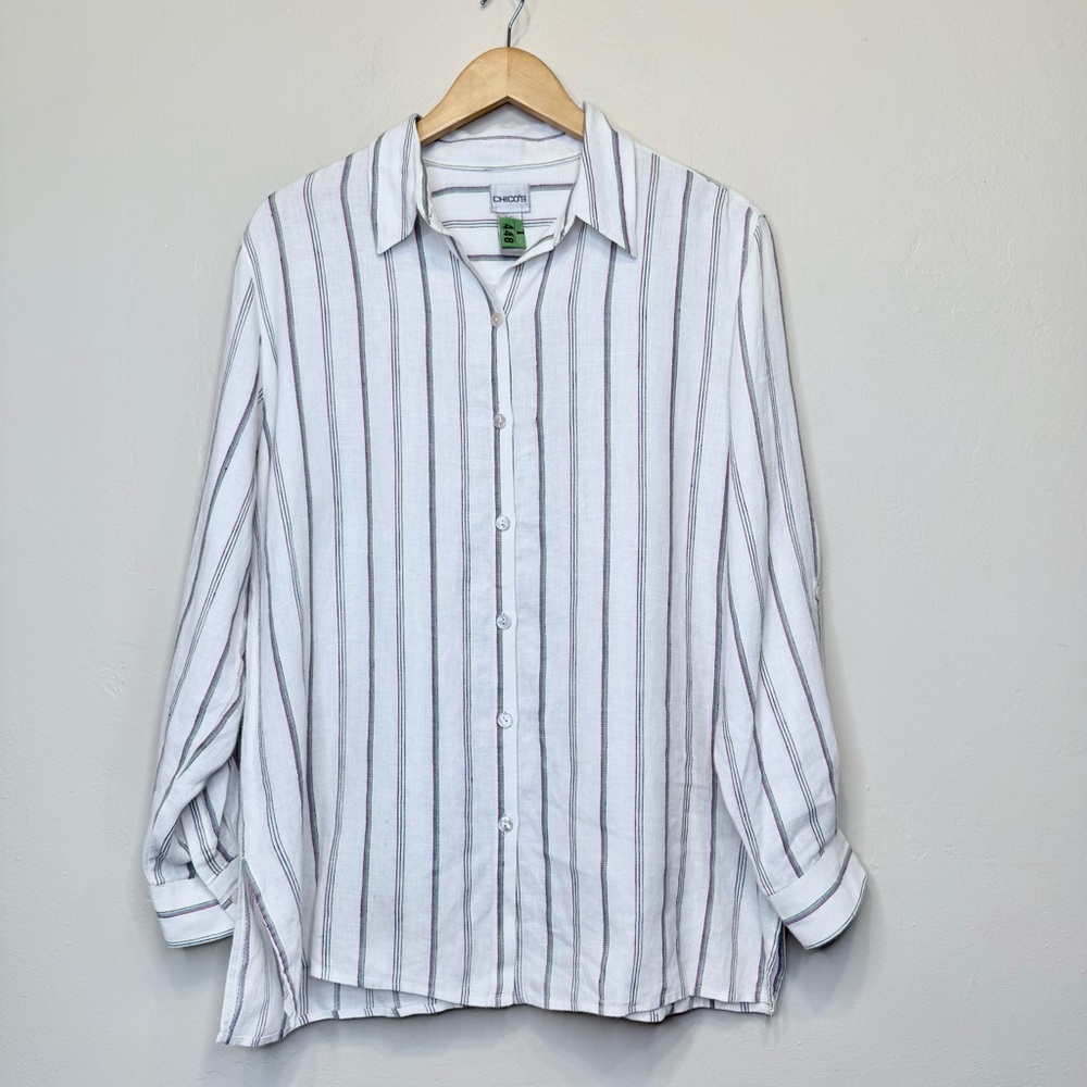 Chico's | Monterey Stripe Islander Linen Button Down Relaxed Casual Shirt - Picture 3 of 15